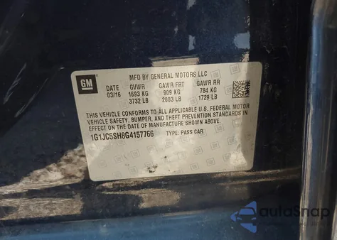 2016 Chevrolet Sonic Lt Auto z USA, uszkodzony, nr VIN 1G1JC5SH8G4157766